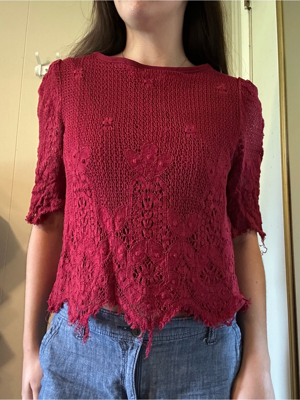Chenelli Raspberry Crochet Lace Women’s Blouse